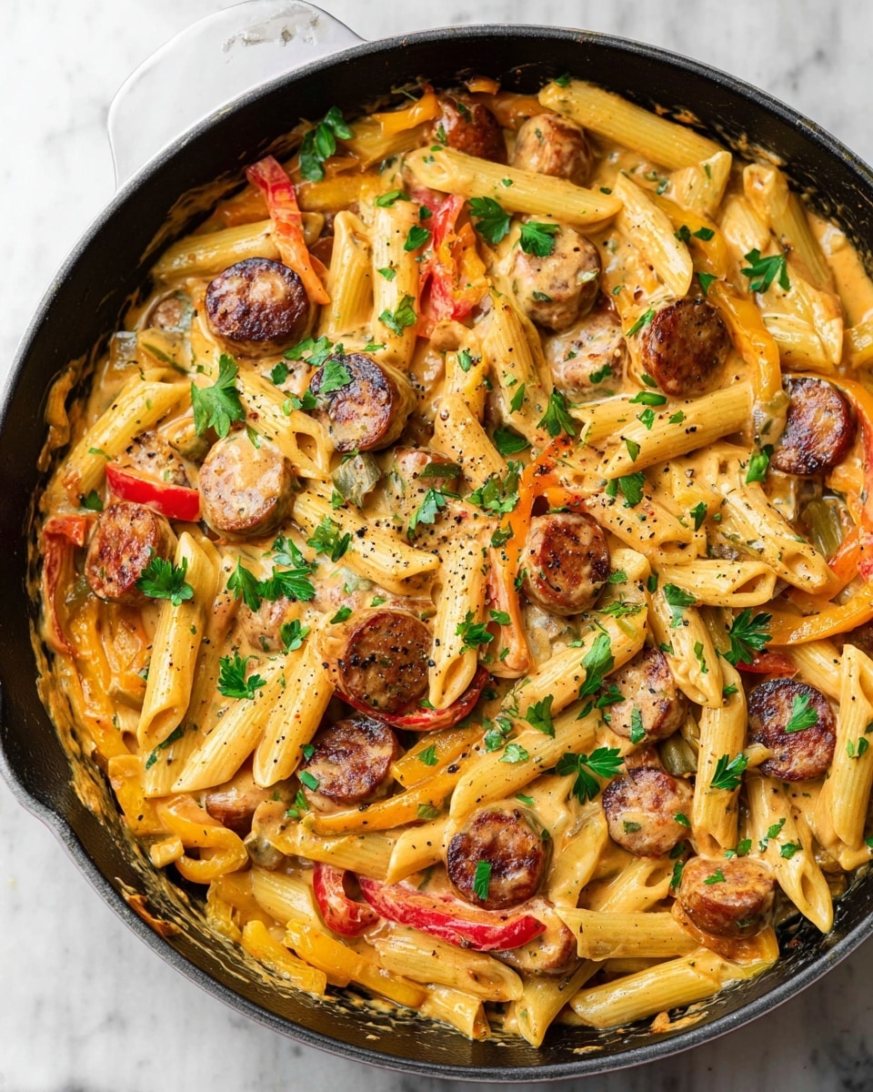 A black skillet filled with a creamy pasta dish where the base layer is light beige penne pasta mixed with a creamy orange sauce. Scattered throughout the pasta are browned sausage slices with a slightly crispy dark brown outside. Mixed in are pieces of soft, cooked yellow and red bell peppers. Fresh green parsley leaves are sprinkled on top, adding a pop of color with some black pepper flakes evenly spread across the dish. The skillet is set on a white marbled surface. photo taken with an iphone --ar 4:5 --v 7