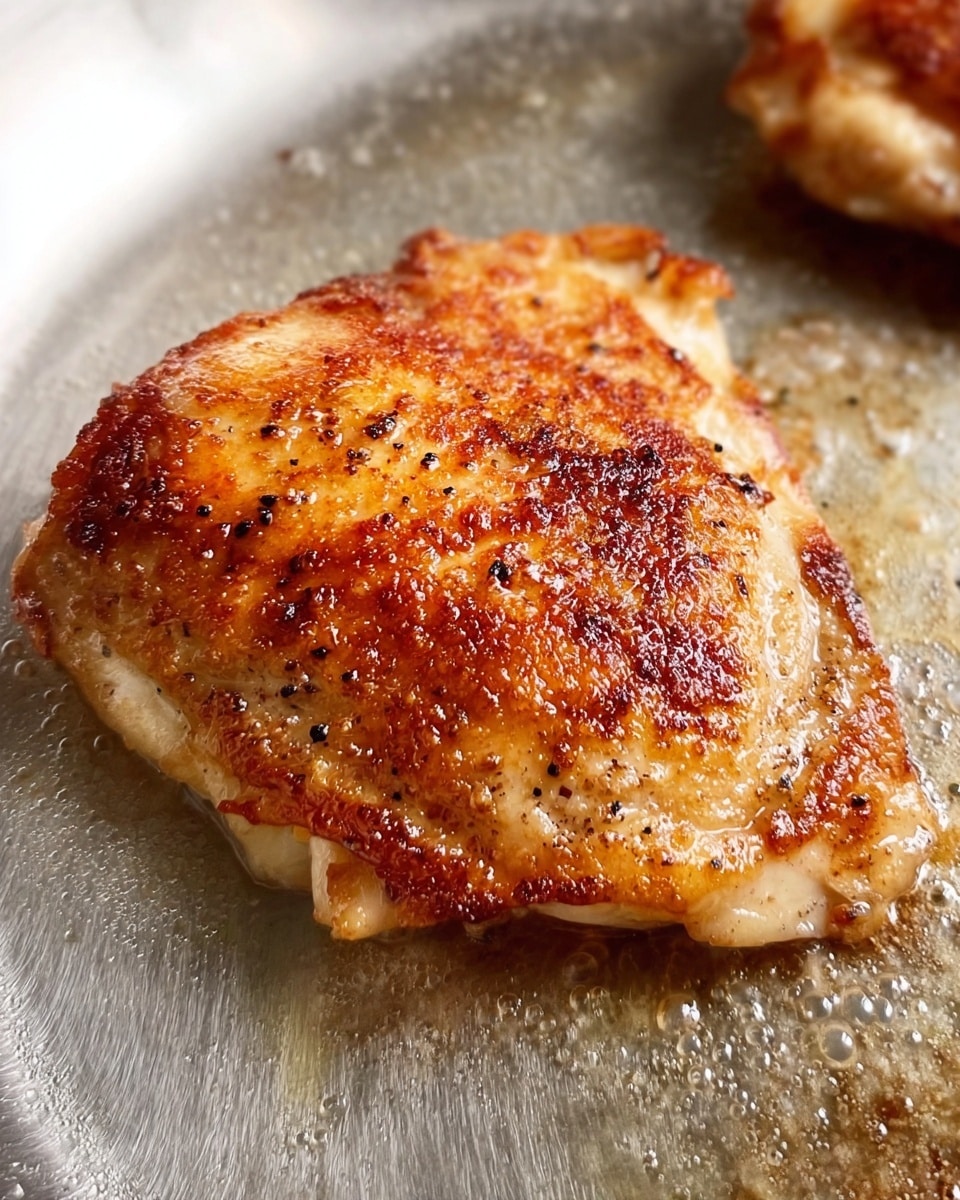 A close-up of a single browned cooked chicken piece on a metal pan, showing a crispy, golden-brown surface with some darker brown edges and small black pepper specks, the chicken looks juicy and tender with slight bubbling at the edges on the pan's textured light gray surface, no other items visible, photo taken with an iphone --ar 4:5 --v 7