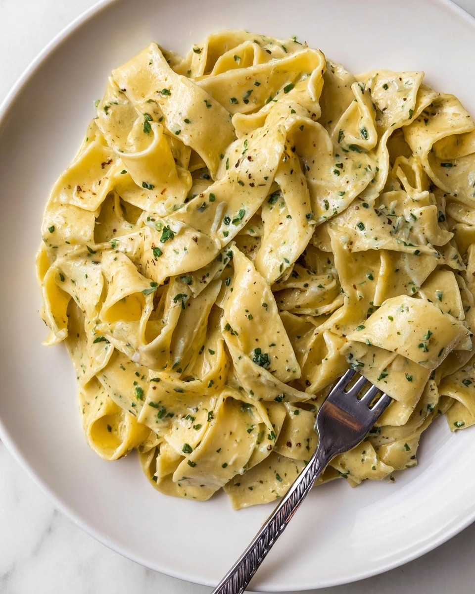 The image shows a white plate filled with wide, flat pasta ribbons coated in a creamy sauce speckled with small bits of green herbs and black pepper. The pasta is layered closely together, each piece glossy with the smooth sauce, which adds a slight shine to the soft yellow pasta. A fork is placed on the right side, partly lifting a few pieces of pasta, with the prongs catching some sauce. The overall scene sits on a white marbled surface, creating a clean and bright setting. Photo taken with an iphone --ar 4:5 --v 7