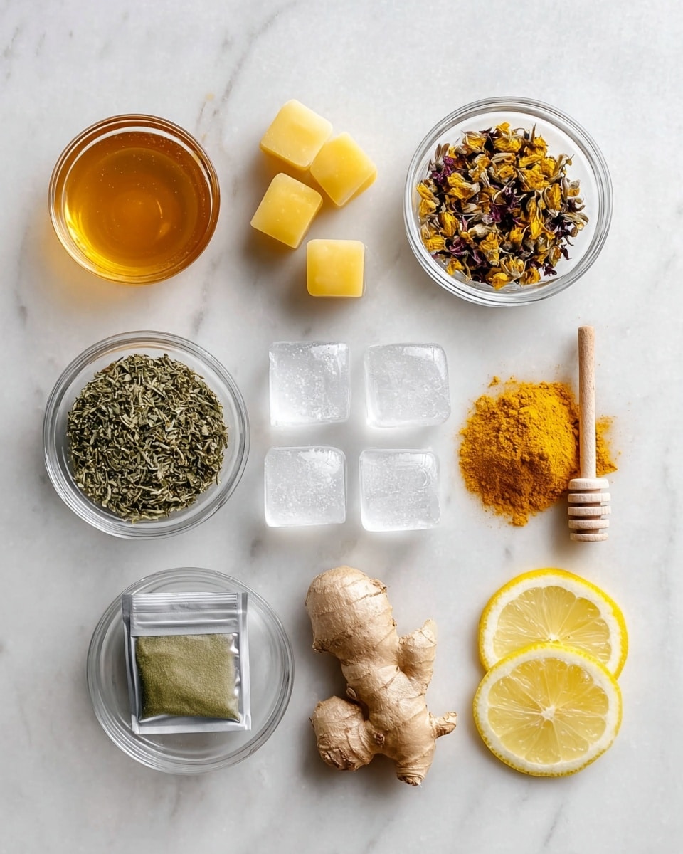 The image shows ingredients neatly arranged on a white marbled surface in four rows. In the top left corner, there is a small clear glass bowl filled with golden honey. Next to the honey are three chunks of yellowish solid beeswax with a wooden honey dipper placed beside them. To the right, there is a small clear glass bowl filled with yellow and dark brown dried petals. In the second row, under the honey, there is another small clear glass bowl filled with dried green herb leaves. In the center are four clear ice cubes arranged in a square. To the far right, there are two small fresh ginger roots with light brown skin. In the third row, a luxury sealed silver packet with green powder sits below the dried herb bowl. Next to it are two lemon slices with a pale yellow peel and juicy center. On the far right, there is a small clear glass bowl filled with bright yellow turmeric powder. Photo taken with an iphone --ar 4:5 --v 7