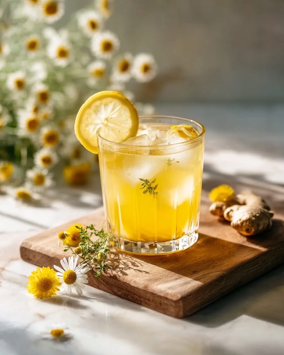 A clear glass tumbler sits on a wooden board, filled with a yellow drink and several ice cubes floating inside. A thin lemon slice is placed on the rim of the glass, and a small green herb sprig rests on the drink’s surface. Around the wooden board are some small yellow and white flowers and a piece of ginger. The scene is set on a white marbled surface with a soft, blurred background showing more flowers. The lighting is natural and bright, casting soft shadows. photo taken with an iphone --ar 4:5 --v 7