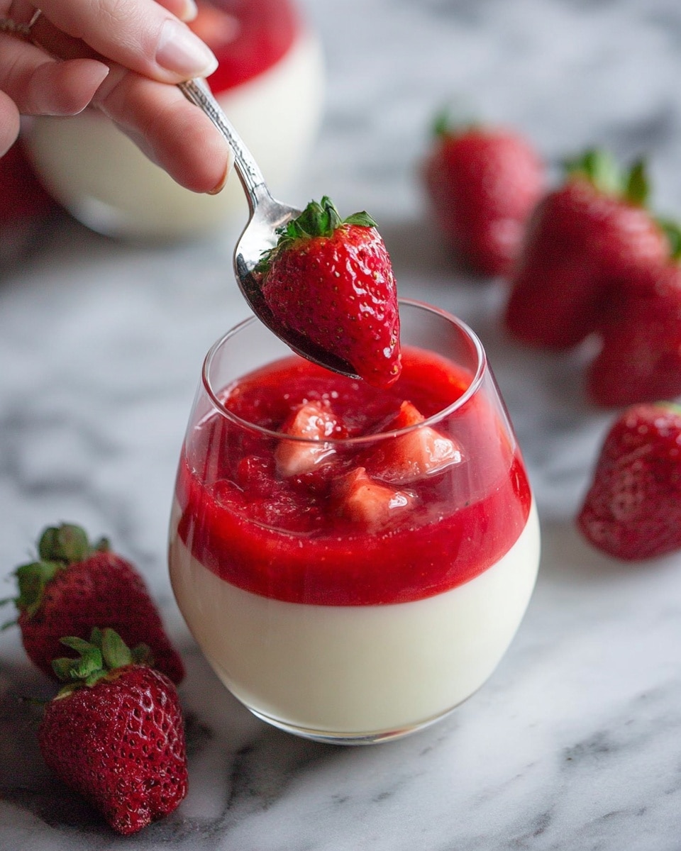 This image shows a clear round glass filled with two layers of dessert. The bottom layer is creamy white with a smooth texture, while the top layer is a bright red strawberry sauce with small chunks and a whole fresh strawberry on top. A woman's hand is holding a spoon, scooping into the red layer. Around the glass, there are several fresh strawberries scattered on a white marbled surface. Photo taken with an iphone --ar 4:5 --v 7