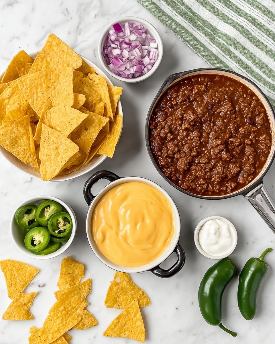 The image shows a white bowl full of yellow, triangular tortilla chips in the lower left. Above the bowl, there are two small white bowls with chopped purple onion on the top and white sour cream just below it. To the right of these bowls is a round pan filled with thick, dark reddish-brown chili with visible beans and ground meat bits. Below the chili pan, slightly to the right, is a white bowl with small black handles filled with smooth light yellow cheese dip. Next to this cheese dip bowl, there is a small white bowl with bright green sliced jalapeño peppers and two whole dark green jalapeños beside it on a white marbled surface. The background also includes a green-and-white striped cloth in the upper right corner. Some broken tortilla chips are scattered on the marbled surface around the bowls. Photo taken with an iphone --ar 4:5 --v 7