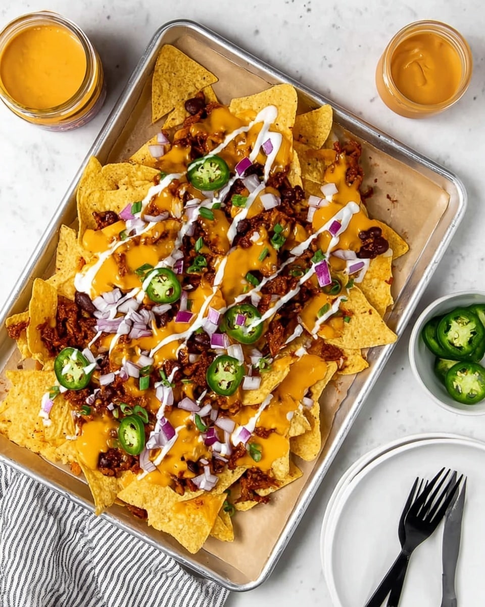 A tray lined with light brown parchment paper holds a layer of yellow tortilla chips as the base. On top, there is a scattering of dark brown beans or chili sauce spread unevenly over the chips. Bright orange melted cheese is drizzled generously across the beans and chips, creating a smooth texture. White sour cream is placed in thin, wavy lines across the nachos. Small pieces of purple onion and slices of fresh green jalapeño peppers are sprinkled unevenly throughout the dish. Near the tray, a jar of orange cheese sauce, whole green jalapeños, and a plain white plate with a black fork rest on a white marbled surface. A striped cloth lies to the side. Photo taken with an iphone --ar 4:5 --v 7