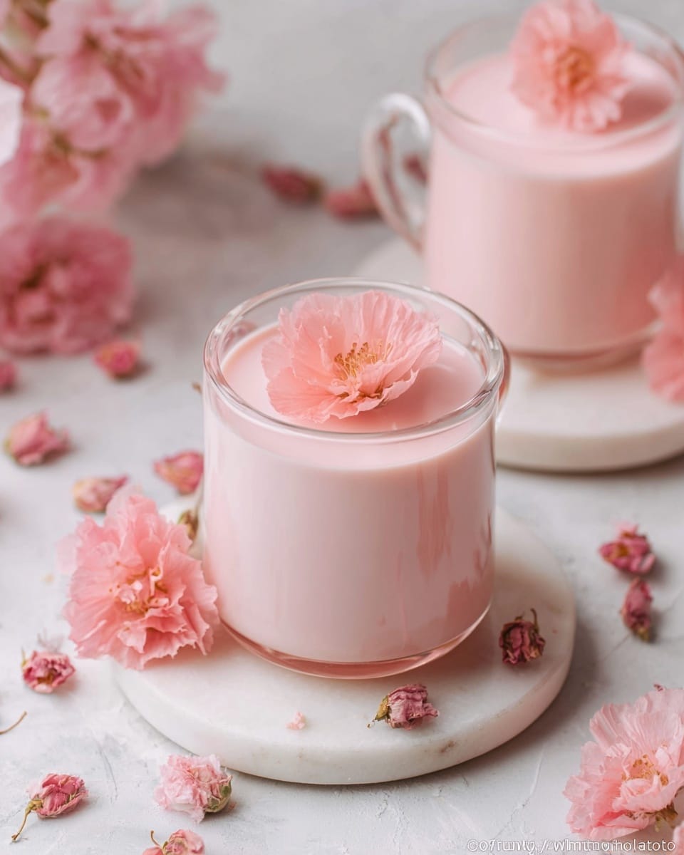 A clear glass cup filled with smooth, light pink liquid topped with a single large pink flower floating on the surface, sitting on a round white marble coaster. Surrounding the cup are multiple soft pink flowers and small dried pink buds scattered on a white marbled surface. Behind the cup, there is a similar glass container filled with the same pink drink, also placed on a white marble coaster. The overall look is soft, delicate, and feminine with pastel pink tones and floral elements accenting the creamy drink. photo taken with an iphone --ar 4:5 --v 7