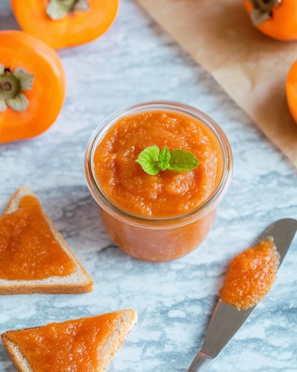 A small clear glass jar filled with one layer of thick orange persimmon puree, topped with a small green mint leaf on the side. The jar is placed on a white marbled surface along with three whole persimmons, one persimmon half showing the star-shaped seed pattern, a few triangular white bread slices with orange fruit spread on top on a sheet of parchment paper, and a metal knife with a dollop of the same orange puree on the blade. photo taken with an iphone --ar 4:5 --v 7