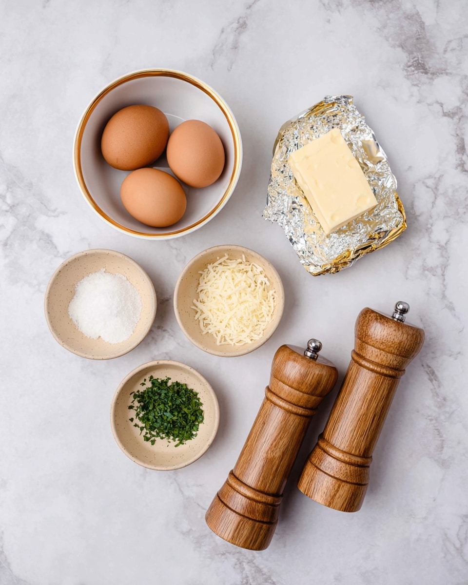 The image shows several cooking ingredients carefully arranged on a white marbled surface. There are two brown eggs placed near a white bowl with a golden rim, which appears empty. Next to the eggs is a square of yellow butter partially wrapped in silver and gold foil. Around them are three small beige bowls, one with white granulated sugar, another with grated cheese, and the last with green chopped herbs. In front of the bowls, two wooden pepper mills, one for pepper and one for salt, lie side by side. The layout is neat and well-organized, with each item clearly visible. photo taken with an iphone --ar 4:5 --v 7