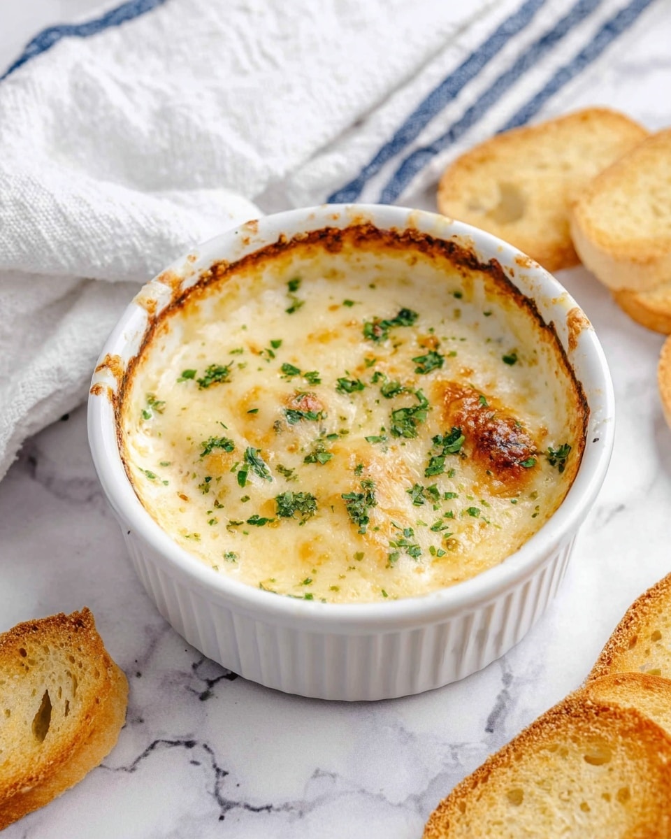 A white ramekin filled with a creamy baked dish is placed on a white marbled surface. The dish has a golden-brown bubbly cheese layer on top with small green herb bits scattered across it. The edges of the ramekin show slight browning from baking. Surrounding the ramekin are several thin, light brown toasted bread slices, and a white cloth with blue stripes is draped nearby. The overall scene is bright with soft natural lighting. photo taken with an iphone --ar 4:5 --v 7