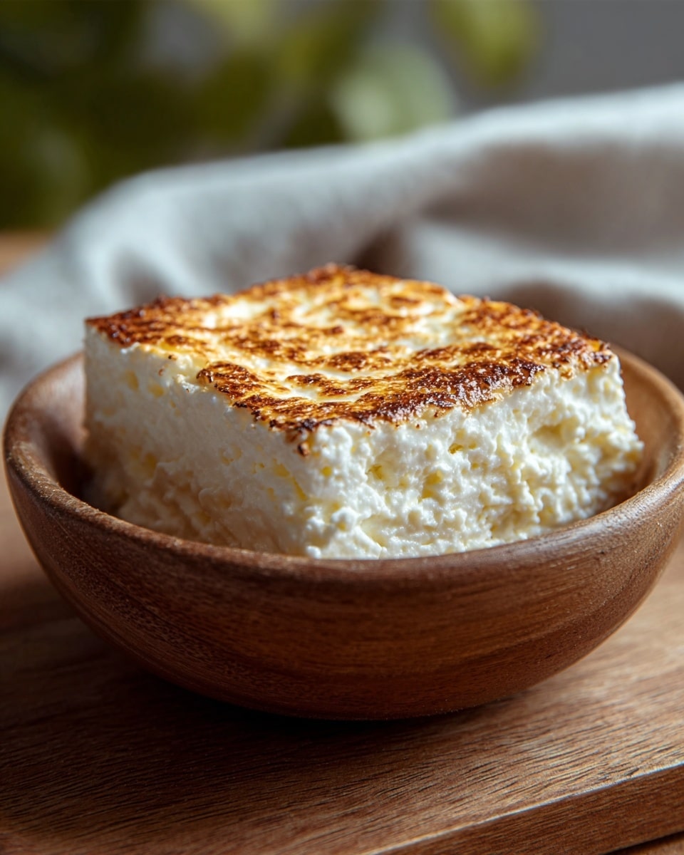A thick square piece of white cheese with a browned, slightly textured top layer sits inside a smooth, round wooden bowl placed on a wooden surface. The cheese has a crumbly texture with some small holes and the top browned layer contrasts with the white cheese underneath. The background is softly blurred with green and white colors. photo taken with an iphone --ar 4:5 --v 7