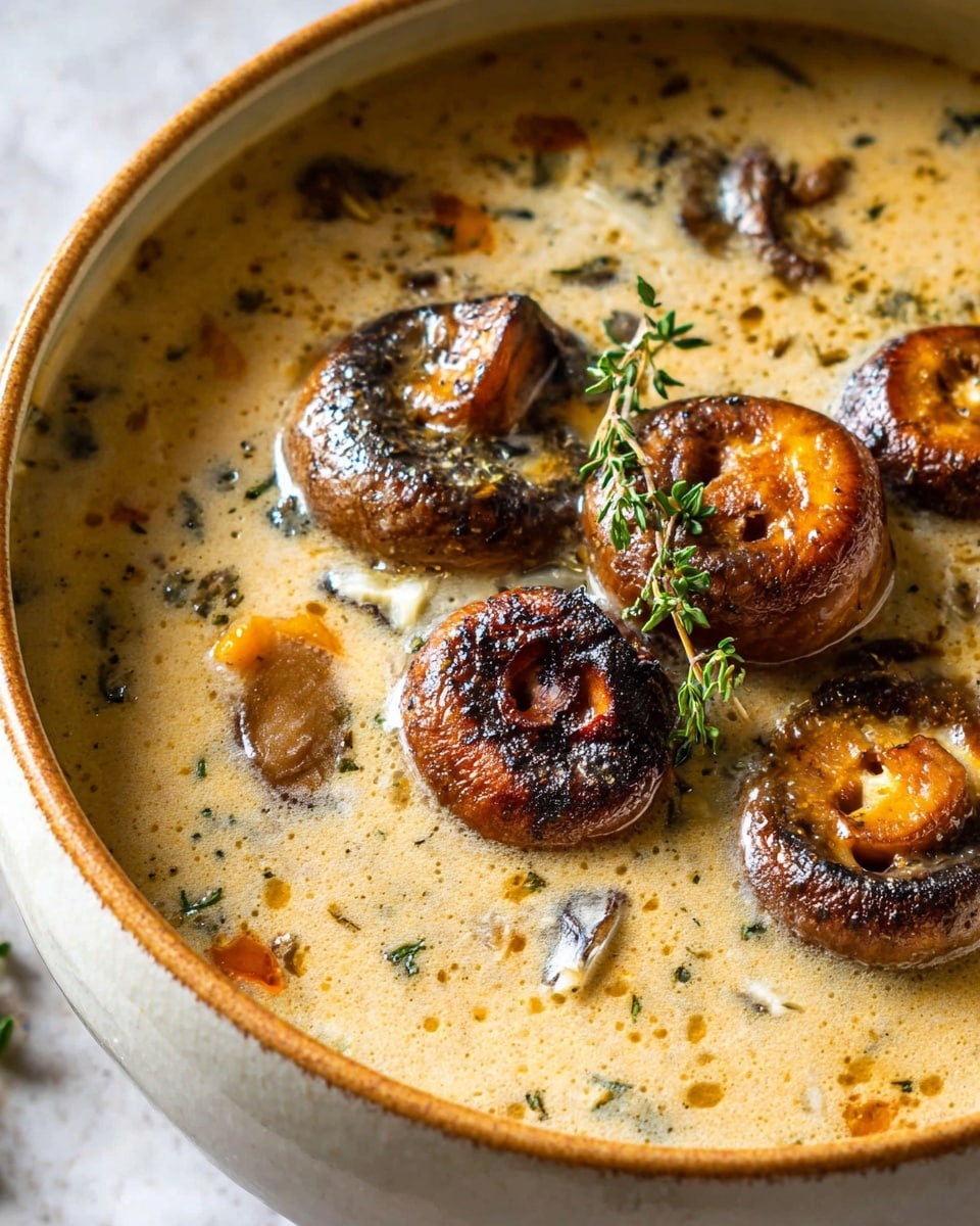 A close-up of a bowl filled with creamy mushroom soup, showing rich light brown and beige liquid with some oily spots on the surface. There are several whole, caramel-colored mushrooms sitting on top, with visible char marks and a slightly shiny, moist texture. Small bits of herbs and finely chopped vegetables float in the soup, adding specks of green and orange. A small sprig of fresh thyme with green leaves rests on the mushrooms as garnish. The bowl is white on the outside and has a warm tan interior, set against a white marbled texture. photo taken with an iphone --ar 4:5 --v 7