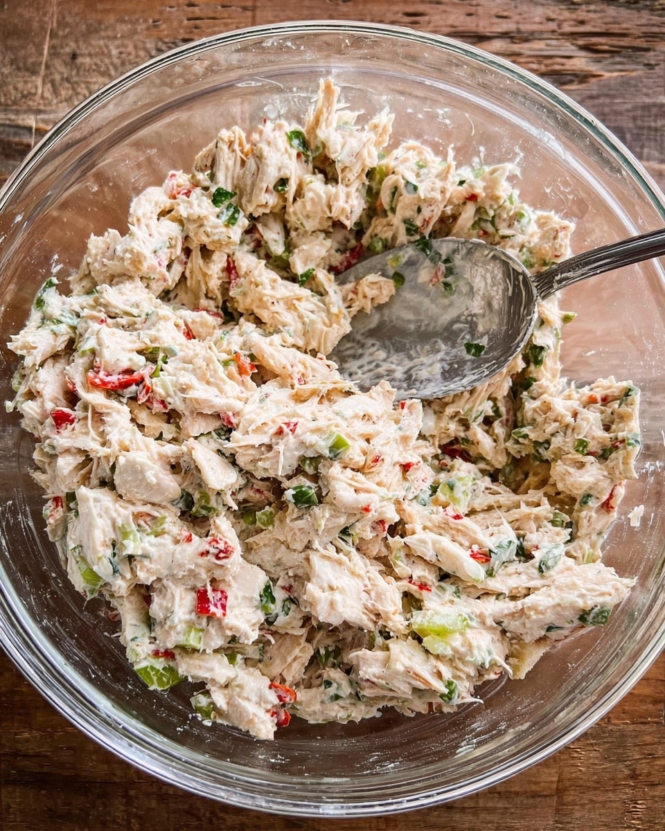 A clear glass bowl filled with a creamy, mixed salad made of shredded white and light brown pieces, speckled with small bits of green herbs, red pepper pieces, and light green celery-like chunks. The texture looks soft and spread out evenly in the bowl, with a large metal spoon resting inside, partially covered with the salad mix. The bowl sits on a wooden surface. photo taken with an iphone --ar 4:5 --v 7