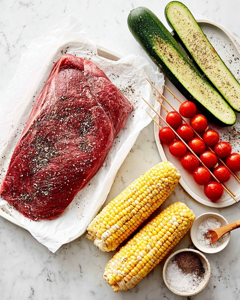 A large, raw piece of beef seasoned with coarse salt and pepper lies on white wax paper in the bottom left corner. To the top right, a white rectangular tray holds three long green zucchini sticks sprinkled with black pepper, two wooden skewers filled with shiny bright red cherry tomatoes, and two ears of yellow corn with white kernels, also seasoned with pepper. Next to the beef are two small white bowls, one filled with coarse salt and a small wooden spoon, and the other with ground black pepper. The whole scene is set against a white marbled background. Photo taken with an iphone --ar 4:5 --v 7