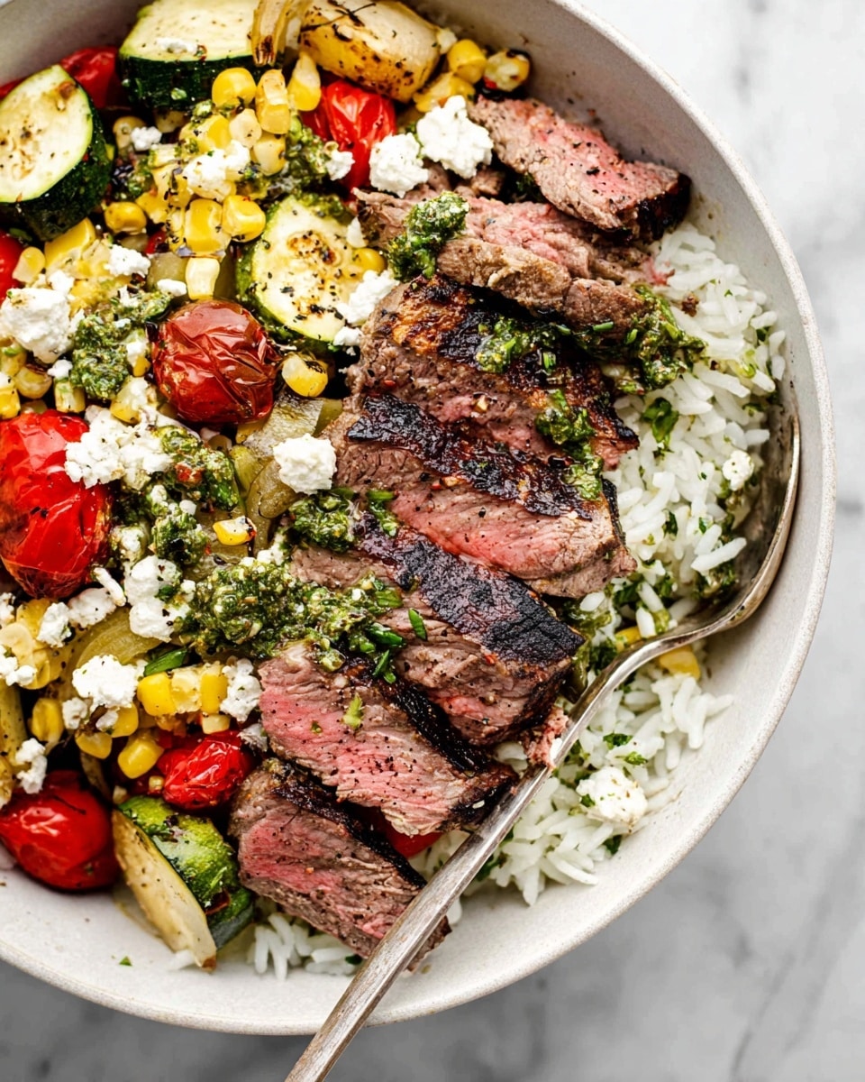 A white bowl filled with a colorful dish showing three layers: the bottom layer is white rice with small green herb pieces mixed in, the middle layer has grilled vegetables including yellow corn kernels, red cherry tomatoes, and light green zucchini chunks with charred grill marks, and the top layer features several slices of medium-rare steak with a pink center and brown edges seasoned with black pepper. The entire dish is topped with small white cheese crumbles and a green herb sauce drizzled in uneven spots. A fork and spoon rest on the edge of the bowl, which is placed on a white marbled surface. photo taken with an iphone --ar 4:5 --v 7