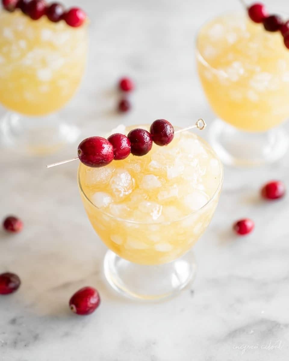 A clear glass filled with small, light yellow crushed ice, topped with a smooth light yellow liquid, sits in the center. On the rim of the glass, there is a skewer with four red cranberries arranged in a line. In the background, two more identical glasses with the same yellow crushed ice and liquid are slightly blurred. The glasses are placed on a white marbled surface, with a few loose cranberries scattered around. photo taken with an iphone --ar 4:5 --v 7