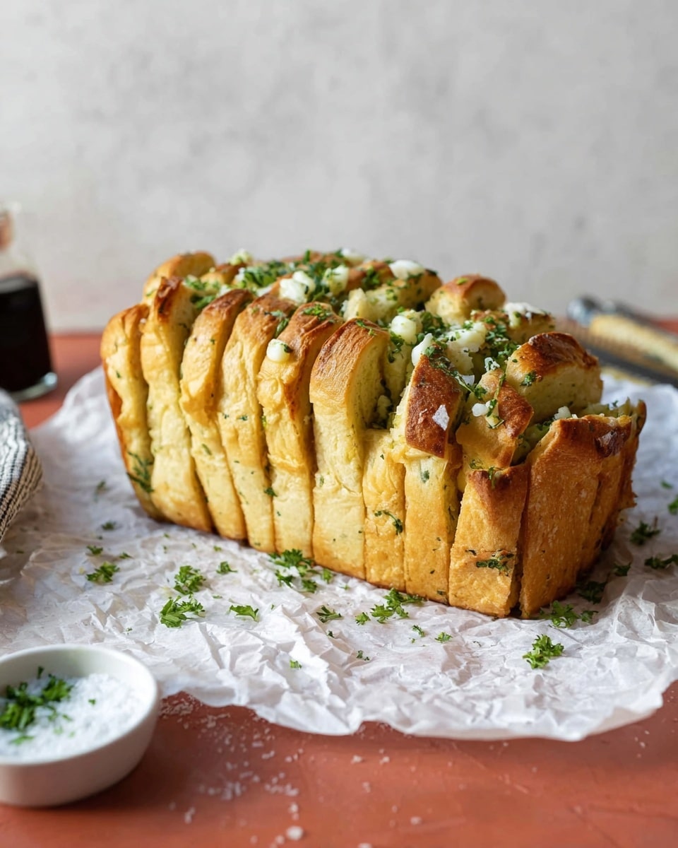 The image shows a loaf of pull-apart bread with many thick layers standing vertically. Each layer has a light golden-brown crust on top with soft, pale yellow dough inside. The bread is sprinkled with small green parsley pieces and white bits of cheese or garlic on the top and between the layers. The bread rests on crumpled white parchment paper placed on a reddish surface with a white marbled texture background. There is a small white dish with coarse salt near the bread and some chopped parsley sprinkled around. Photo taken with an iphone --ar 4:5 --v 7