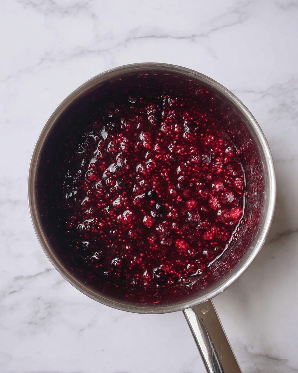 A shiny silver pot filled with a thick, deep red berry mixture with visible whole and crushed blueberries and raspberries, showing some round bumpy textures and tiny seeds throughout, sitting on a white marbled surface. The berry mixture has a glossy, slightly wet look with a rich, dark color. Photo taken with an iphone --ar 4:5 --v 7