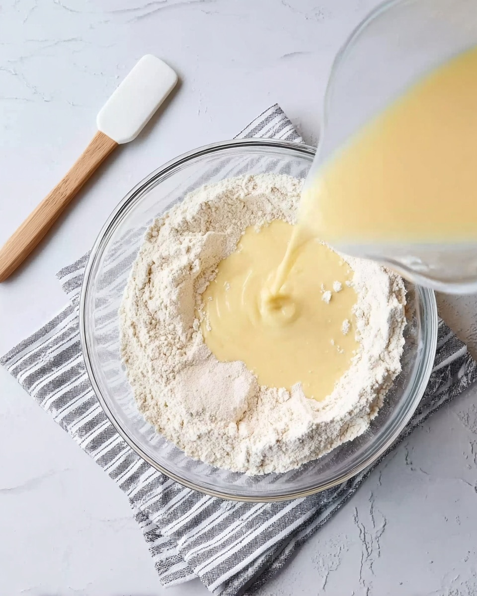 A clear glass bowl sits on a white marbled surface, filled with white flour forming a thick base layer. A pale yellow liquid mixture is being poured over the flour from a container above, starting to blend with the dry ingredients. On the left side, a white spatula with a wooden handle rests partially on the flour, ready to stir. Next to the bowl is a gray and white striped cloth folded neatly on the surface. photo taken with an iphone --ar 4:5 --v 7