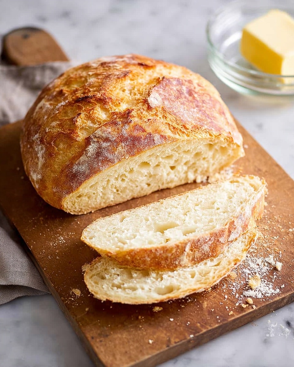 A round, crusty loaf of bread with a golden brown, crispy outer layer is placed on a wooden surface. The loaf is sliced horizontally into two thick layers; the top layer is held slightly above the bottom one by a woman's hand, showing the soft, airy, and light beige inside texture. Crumbs are scattered around the bread on the wooden surface. The background is blurred with soft light coming from behind. photo taken with an iphone --ar 4:5 --v 7