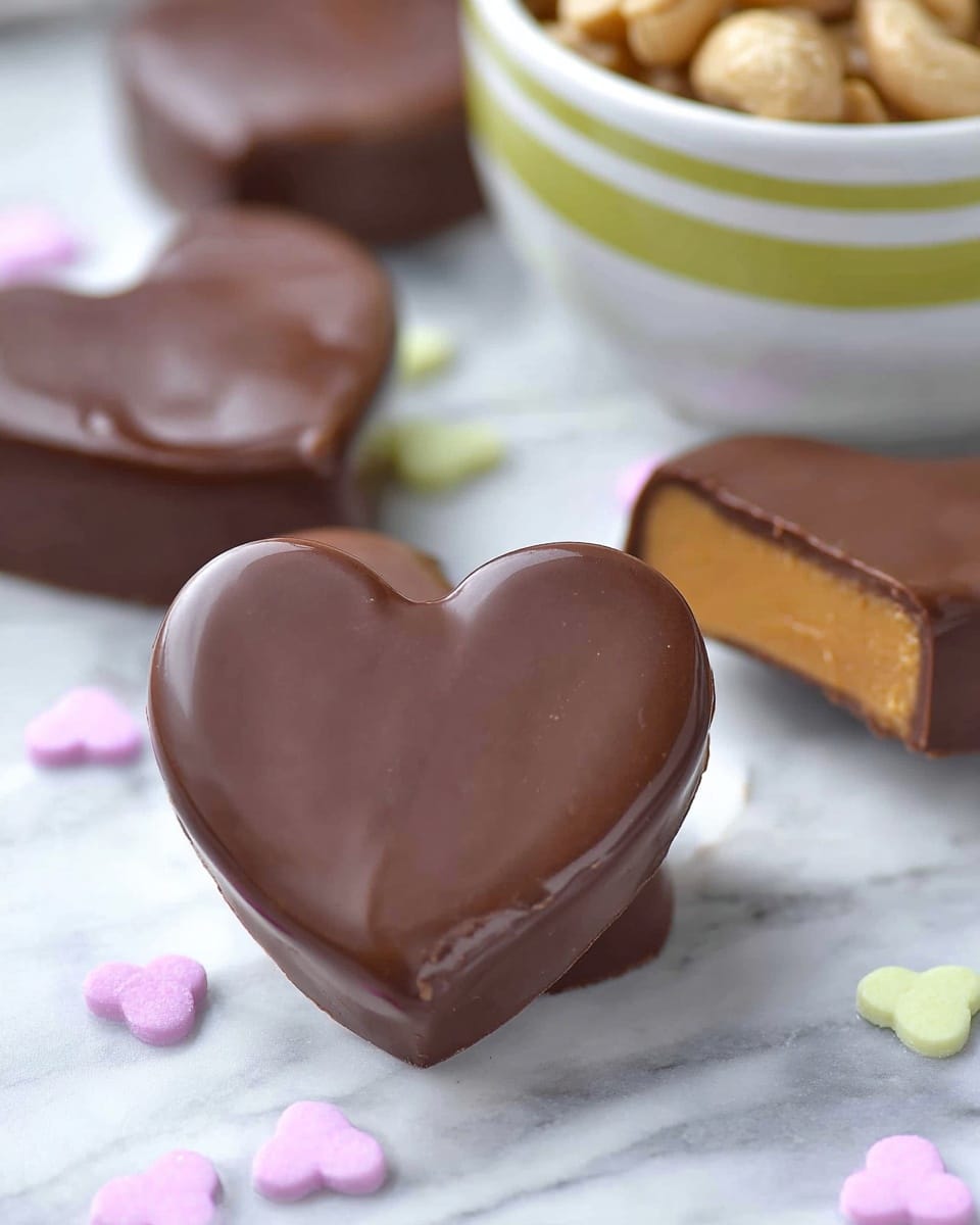 The image shows heart-shaped chocolates with a smooth and shiny milk chocolate coating. The main chocolate is in the center with a glossy surface and a solid appearance. Around it, there are other heart-shaped chocolates, some whole and one broken to show a creamy light brown filling inside. The chocolates rest on a white marbled surface, and in the background, a white bowl with green stripes holds some toasted nuts. There are small pastel-colored heart-shaped sprinkles scattered across the marble. Photo taken with an iphone --ar 4:5 --v 7