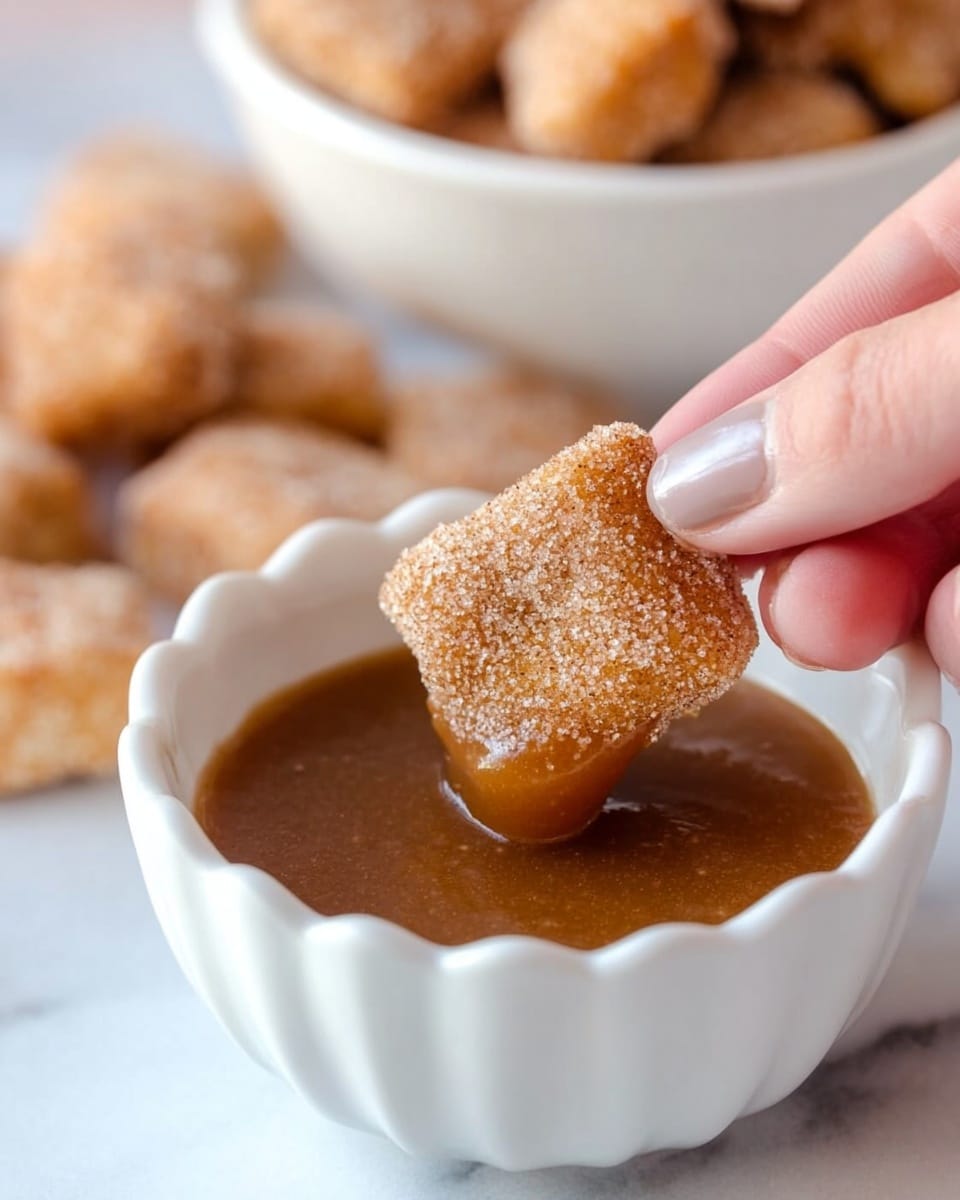A woman's hand is holding a small, square, golden-brown cinnamon sugar coated snack, dipping it into a white scalloped bowl filled with smooth, shiny brown sauce. The snack has a rough sugar texture with a light dusting, and more of these snacks are visible inside another white bowl in the background. The scene is set on a white marbled surface with a soft focus on the back bowl, emphasizing the close-up snack and sauce interaction. photo taken with an iphone --ar 4:5 --v 7