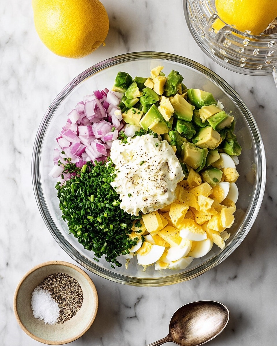 A clear glass bowl sits on a white marbled surface, filled with layers of chopped yellow hard-boiled eggs on the bottom right, bright green diced avocado on the top left, finely chopped red onions on the bottom left, and finely chopped dark green herbs including chives and possibly parsley on the top right. In the center, there is a dollop of creamy white mayonnaise topped with a sprinkling of coarse salt and cracked black pepper. Nearby, a small round bowl holds more salt and black pepper, a silver spoon lies to the right of the glass bowl, and above it is a glass lemon juicer with a whole yellow lemon on top. Photo taken with an iphone --ar 4:5 --v 7