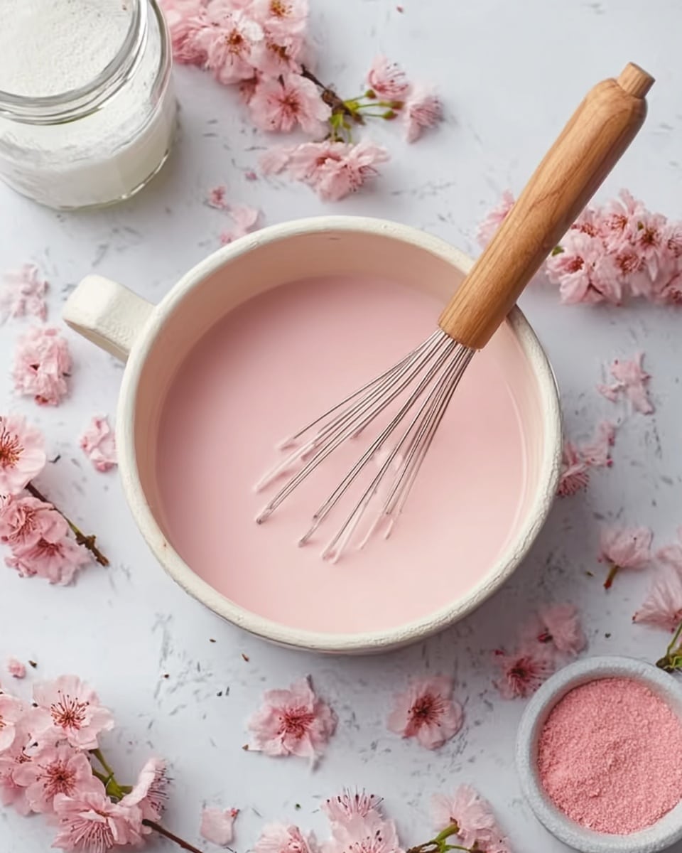A white saucepan filled with smooth pink liquid, with a wooden-handled whisk resting inside. The saucepan is placed on a white marbled surface scattered with light pink cherry blossom flowers and small pink petals. There is a glass jar with white contents and a small white bowl with pink granular substance nearby. The scene feels soft and delicate with pastel pink and white tones. photo taken with an iphone --ar 4:5 --v 7
