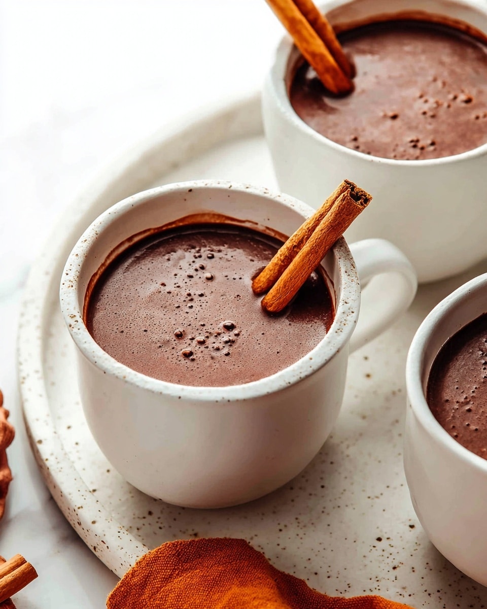 Three white mugs filled with a thick, dark brown hot chocolate are placed on a white speckled plate. Each mug has a single cinnamon stick standing upright in the rich liquid, which shows small bubbles and a slightly frothy texture on its surface. The setting is on a white marbled surface, with part of an orange cloth visible at the bottom right corner. The mugs are close to each other, with the focus on the front mug. photo taken with an iphone --ar 4:5 --v 7