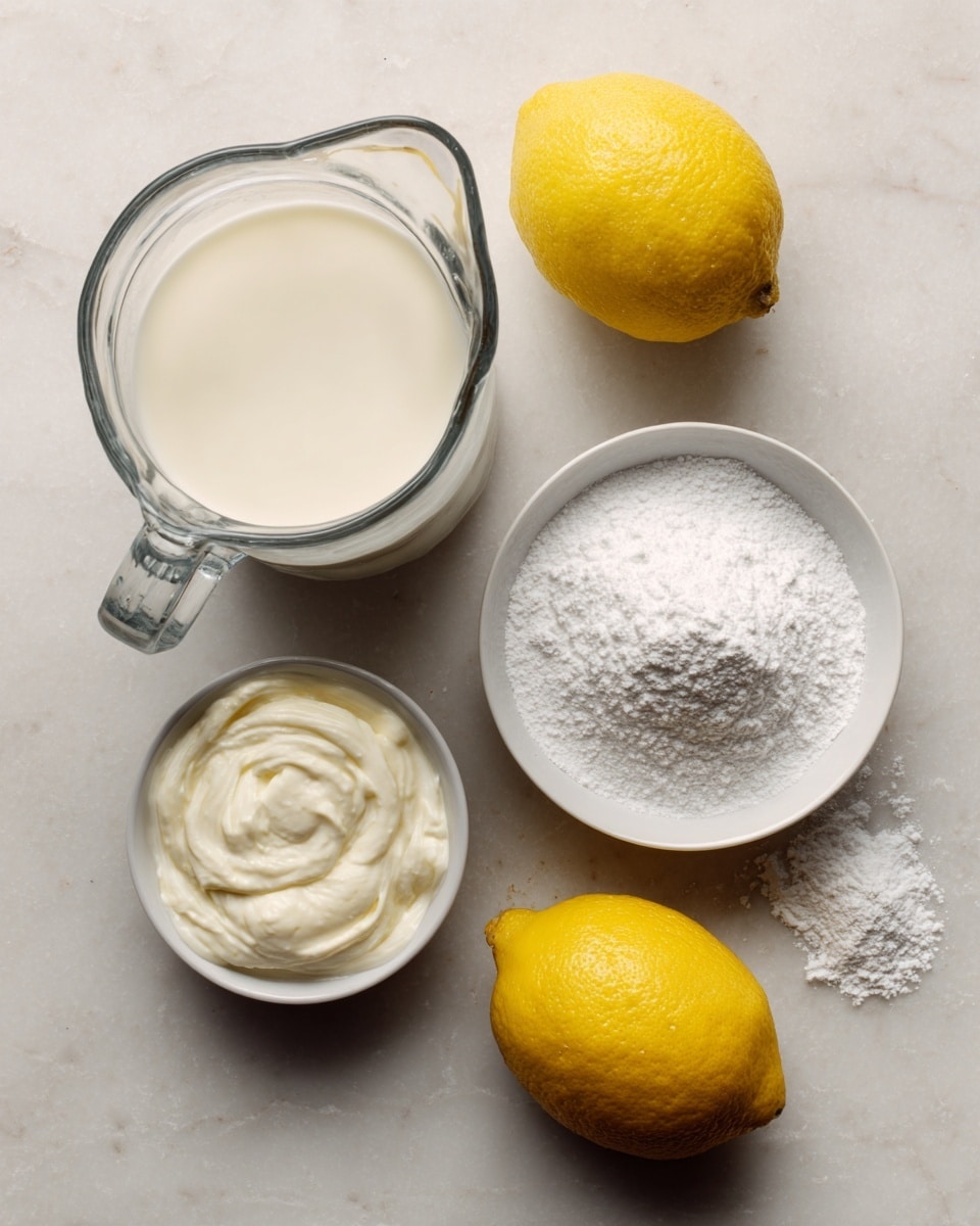 In the image, there are five main items placed on a white marbled surface: a clear glass pitcher filled with cream or milk at the top left, a whole yellow lemon at the top right, a small white bowl filled with white powdered sugar at the right middle with some powder spilled beside it, a small round bowl containing thick white cream or mayonnaise below the pitcher, and another whole yellow lemon positioned below the cream bowl near the bottom center. The items are arranged neatly with bright lighting showing the textures clearly. photo taken with an iphone --ar 4:5 --v 7