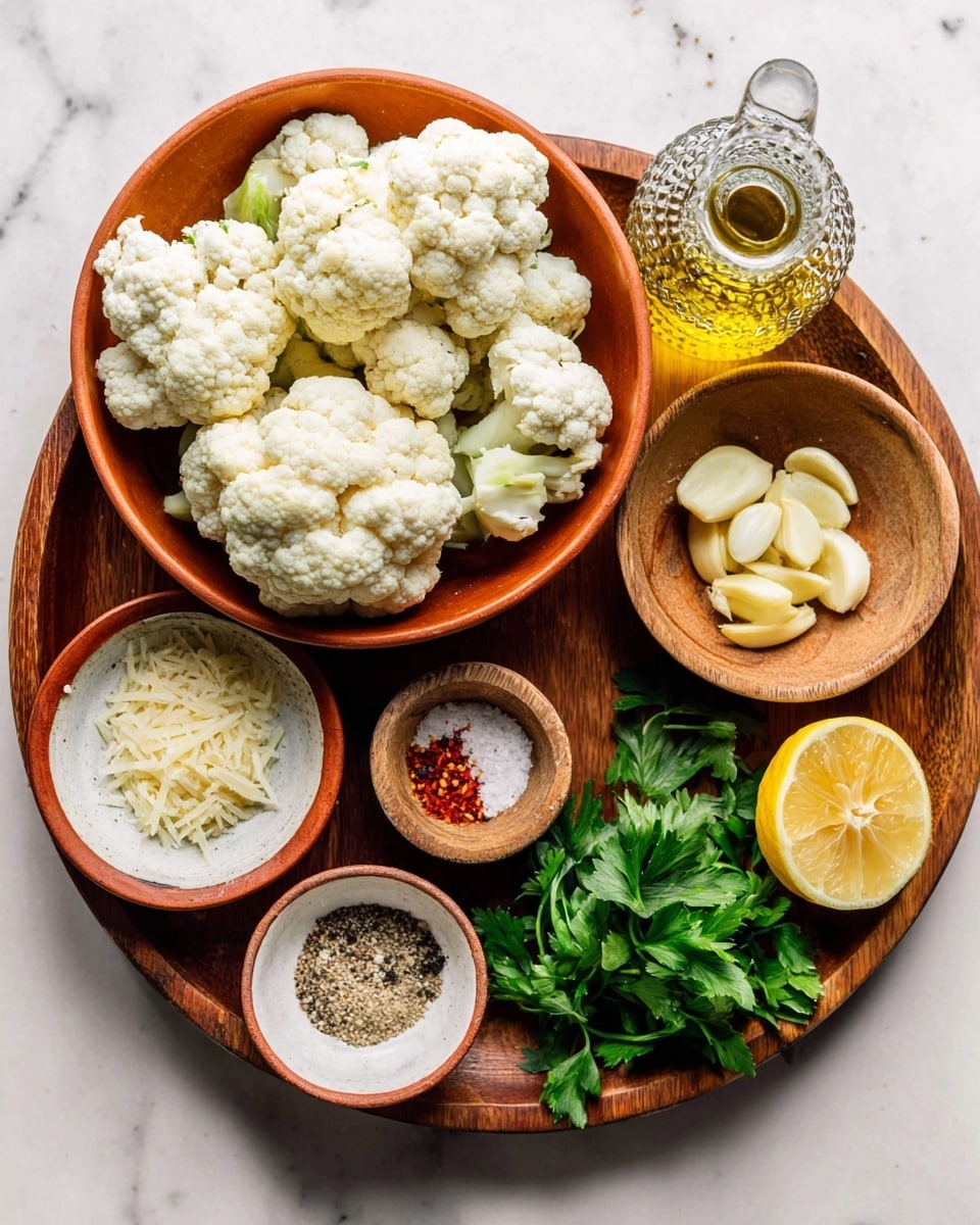 A round wooden tray holds several bowls and ingredients arranged neatly on a white marbled surface. At the center left, a large terracotta bowl is filled with fresh white cauliflower florets. To the right of this bowl, a small glass bottle with a textured surface contains golden olive oil. Below the oil, a small rustic bowl is filled with chopped garlic. Near the bottom left, a small round white bowl with a terracotta outer edge contains grated cheese, and next to it, another small bowl holds salt, black pepper, and red spice. To the right, a wooden bowl features two halves of a yellow lemon with visible seeds, and at the bottom center, another wooden bowl holds fresh green parsley leaves. The photo taken with an iphone --ar 4:5 --v 7