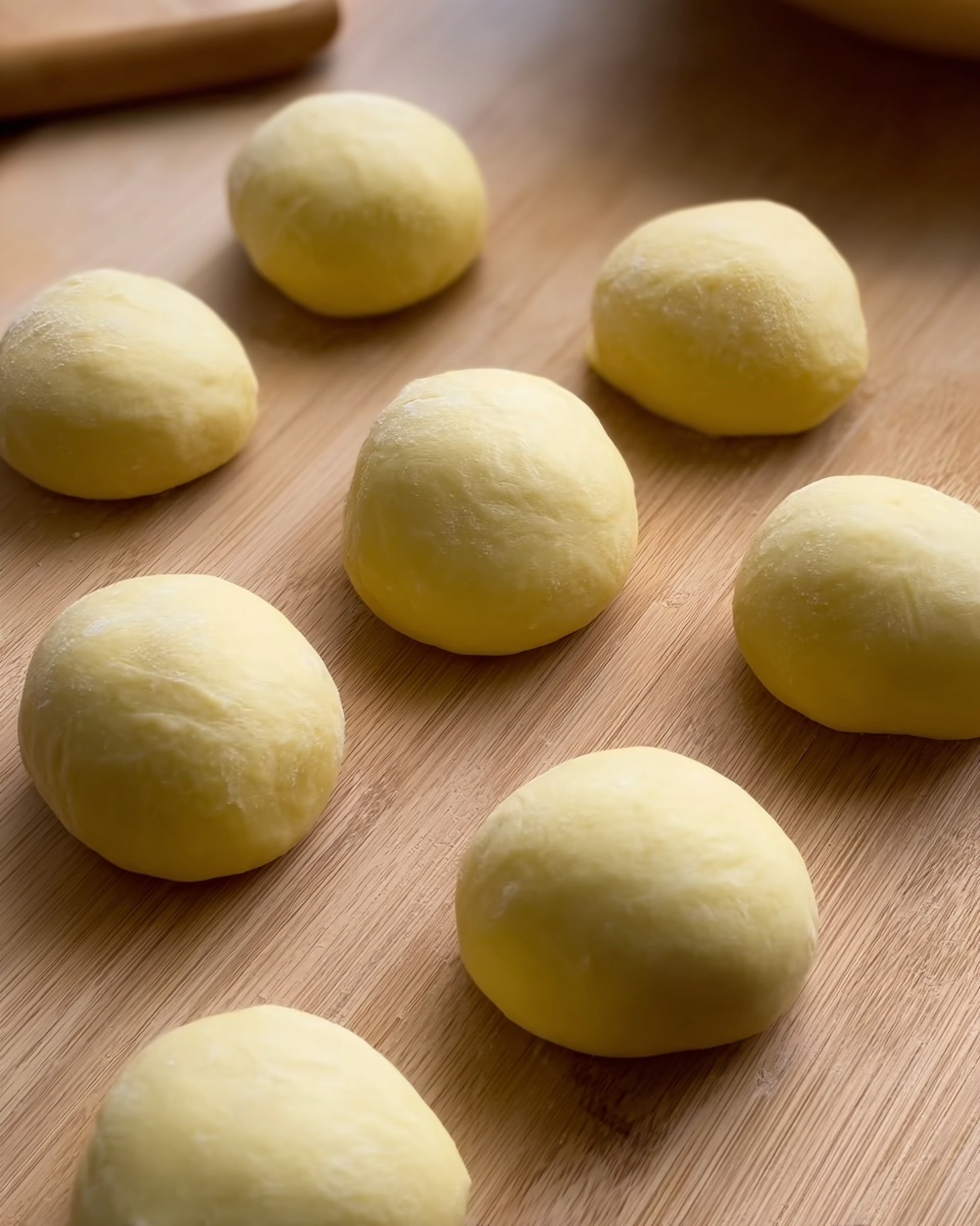 The image shows nine smooth, round dough balls placed on a wooden surface. Each dough ball is pale yellow and evenly shaped, spaced apart from each other. The wooden surface has a natural light brown tone with visible wood grain texture. There is also a partial view of a wooden board in the upper left corner. The scene is simple with soft natural light highlighting the smooth texture of the dough balls. photo taken with an iphone --ar 4:5 --v 7