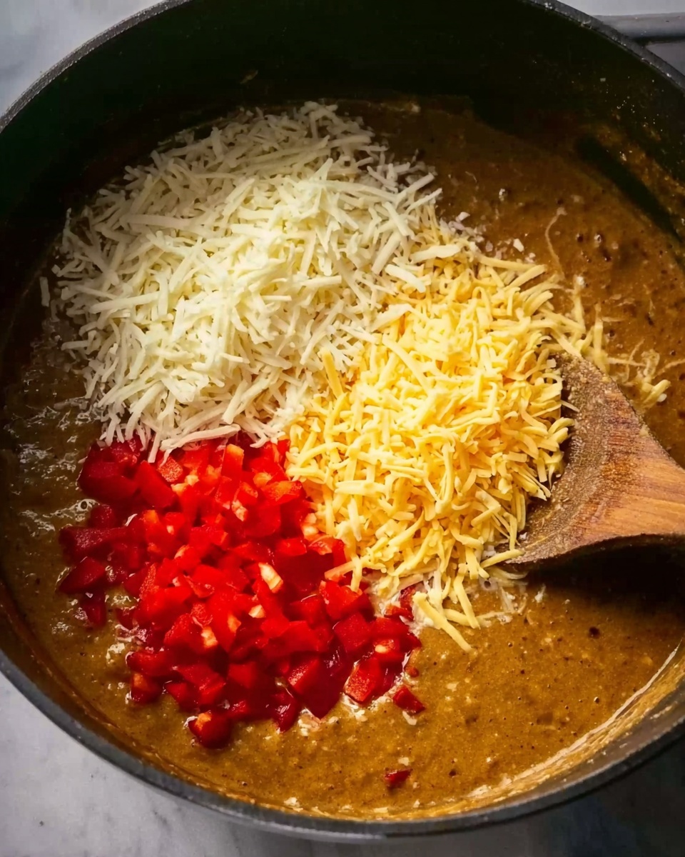 A close-up view of a dark pot containing a thick brown sauce with three distinct layers on top: finely shredded white cheese on the left, finely shredded yellow cheese at the bottom, and small bright red diced pieces on the right. A wooden spoon is partially submerged on the right side of the pot, stirring the mixture. The background features a white marbled texture photo taken with an iphone --ar 4:5 --v 7
