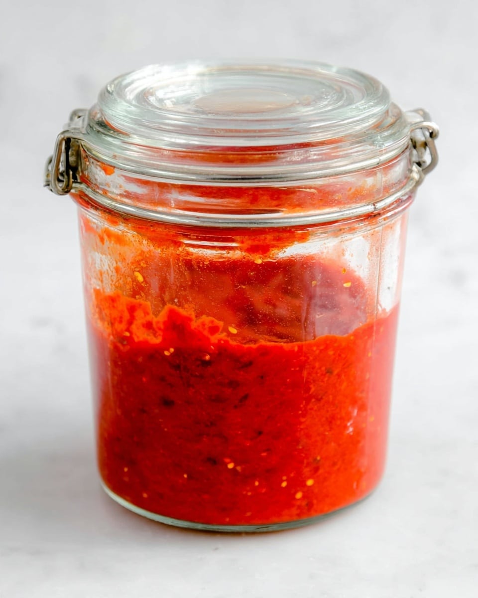 The image shows a clear glass jar filled about one-third with a thick, bright red sauce that has a slightly chunky texture. The jar has a metal latch and a rubber seal around the rim, which is clear and shiny. The red sauce has small specks of darker red or black, showing a rich mixture of ingredients. The jar is placed against a simple white marbled background, which highlights the vibrant color of the sauce. photo taken with an iphone --ar 4:5 --v 7