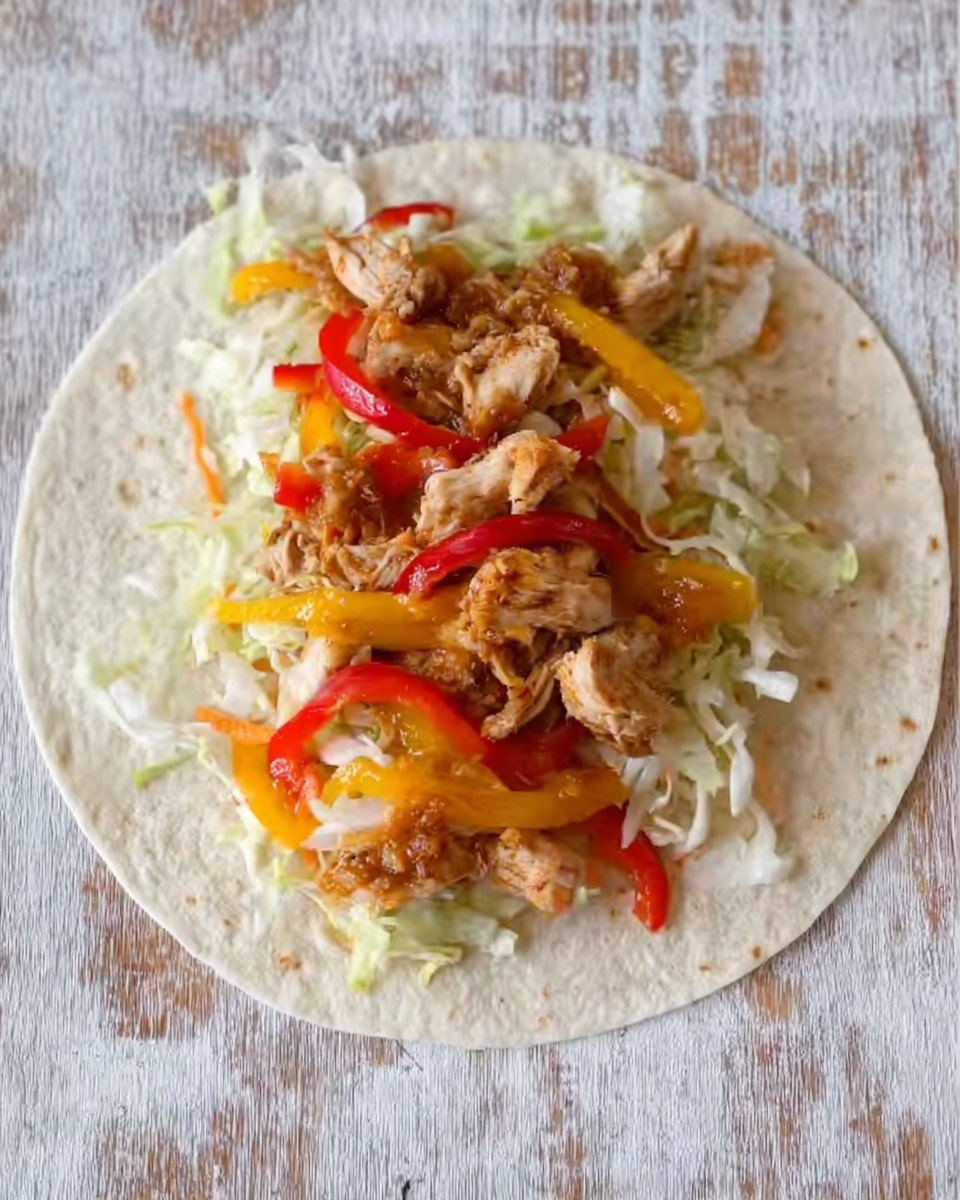 A white flour tortilla lies flat on a wooden surface with a white marbled texture visible around it. On top of the tortilla, there is a base layer of shredded white cabbage. Above the cabbage, there are pieces of cooked chicken with a brown color and slightly crispy texture. Scattered over the chicken and cabbage are slices of red and yellow bell peppers, adding bright red and yellow colors to the mix. The layers are unevenly spread but mostly centered on the tortilla, giving a fresh and colorful look. Photo taken with an iphone --ar 4:5 --v 7
