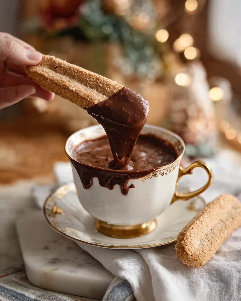 A white cup with a gold rim and handle is filled with dark brown hot chocolate topped with a dollop of light brown whipped cream that has a sprinkle of cocoa powder on top. The cup sits on a white saucer with a matching gold rim, which holds a light yellow biscuit coated in sugar placed on the left side. Both the cup and saucer are placed on a light brown wooden tray, with a white and light brown checkered cloth folded next to the biscuit. The background is a white marbled texture. photo taken with an iphone --ar 4:5 --v 7