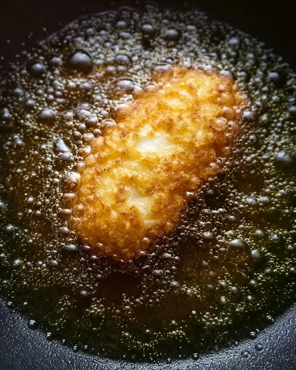 The image shows a single piece of food frying in hot oil inside a dark pan. The food is light golden with a bubbly and bubbly texture on top, while the surrounding oil is actively bubbling with small and large bubbles, creating a shiny, wet look around the piece. The pan's surface has a slightly rough, oily texture with dark colors around the food, emphasizing the frying process. The background is a white marbled texture. Photo taken with an iphone --ar 4:5 --v 7