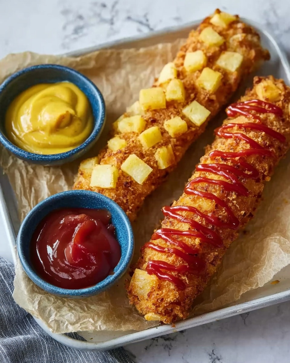 The image shows two long, crispy fried snacks on a white tray lined with parchment paper. Each snack is covered in pieces; one has yellow blocks evenly stuck all over, while the other has a crunchy golden-brown surface topped with red sauce in zigzag lines. Next to them are two small blue bowls, one filled with smooth yellow mustard and the other with thick red ketchup. The tray sits on a white marbled surface with a woman's hand nearby. Photo taken with an iphone --ar 4:5 --v 7