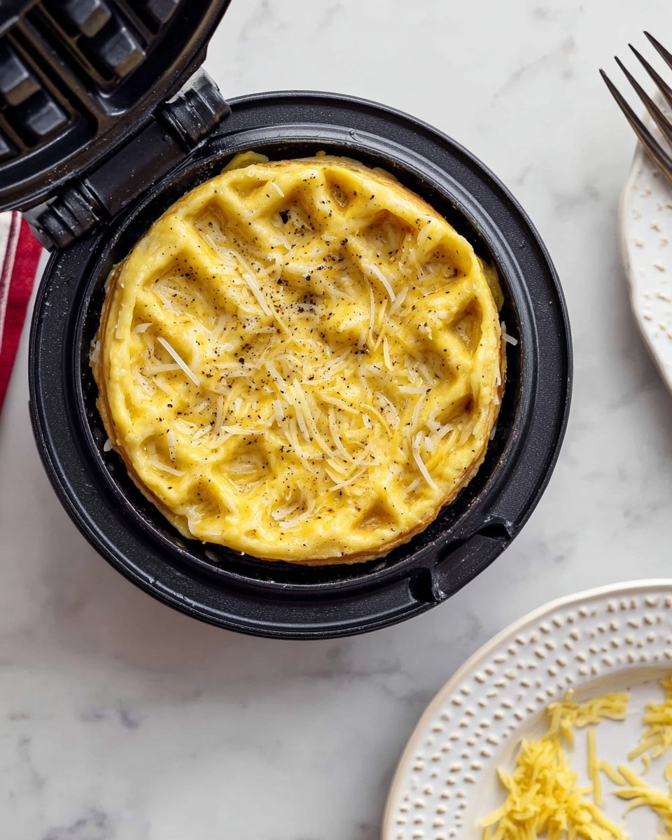 The image shows a close-up of a waffle maker with its lid open, filled with a thick yellow batter mixed with visible white shredded cheese strands and small black pepper specks, creating a textured top layer. The waffle maker is black and contrasts with the white marbled surface it sits on. To the right, part of a white plate with a raised dot pattern is visible, containing some leftover yellow batter and shredded cheese, along with a silver fork. The scene is brightly lit and clean. Photo taken with an iphone --ar 4:5 --v 7