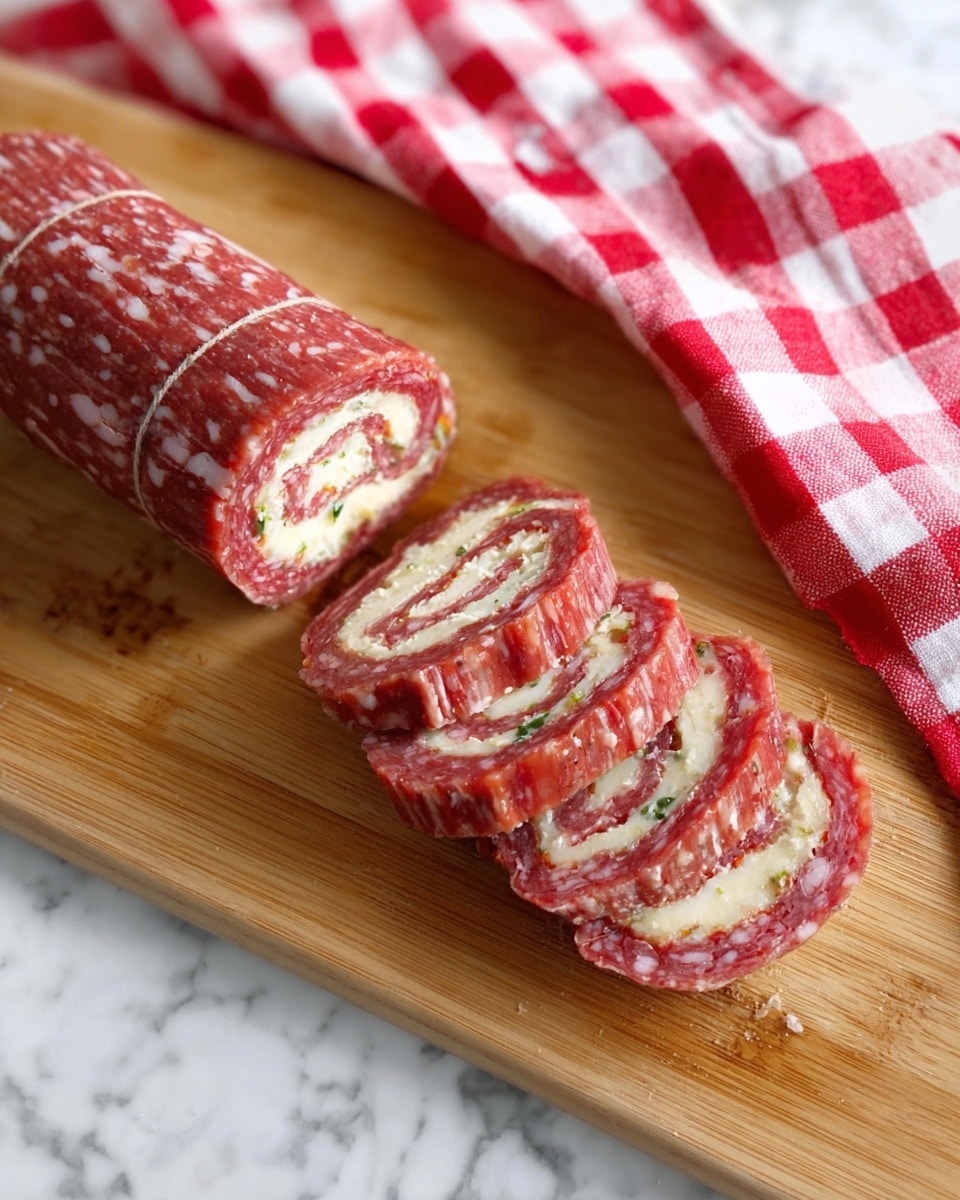 A wooden cutting board with a rolled meat slice, colored red with white spots, that is sliced into six pieces, showing a layered inside of light cream with small bits of green and red. The right side of the board has a red and white checkered cloth. The background is a white marbled texture. photo taken with an iphone --ar 4:5 --v 7