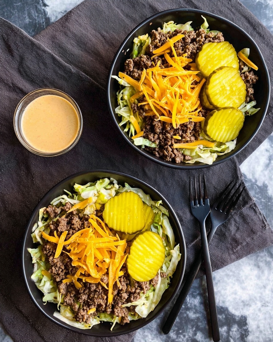 Two black bowls are shown from above, each containing a layered dish with shredded green cabbage as the bottom layer. On top of the cabbage is a layer of cooked ground meat that is dark brown and crumbly in texture. Scattered over the meat are thin strips of bright orange cheddar cheese and three round, ridged yellow pickle slices arranged evenly on each bowl. The bowls sit on a dark gray cloth with two black forks near them. There is also a small clear glass bowl filled with a light brown creamy sauce near the top left corner. The surface underneath everything has a white marbled texture. Photo taken with an iphone --ar 4:5 --v 7