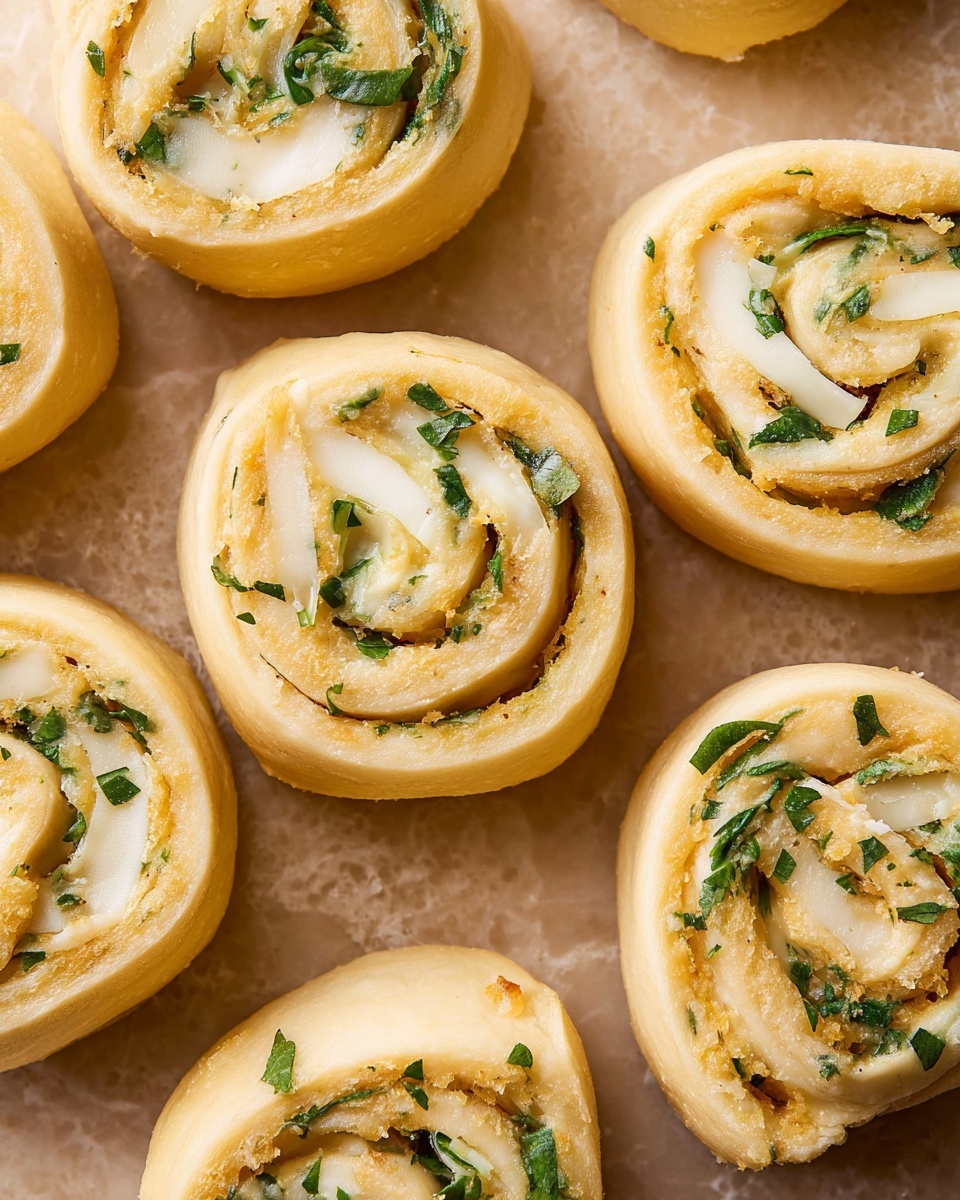 The image shows several pinwheel-shaped rolls arranged closely on a beige surface with a white marbled texture. Each roll has three visible layers: the outer dough layer is pale yellow with a smooth texture, the middle layer contains thin white slices that look like cheese, and the innermost layer is a mix of creamy yellow and green bits of herbs, creating a fresh look. The rolls are all round with slightly uneven edges, showing the swirled pattern of ingredients inside, and they give a soft, fresh, and slightly dense texture feel. Photo taken with an iphone --ar 4:5 --v 7