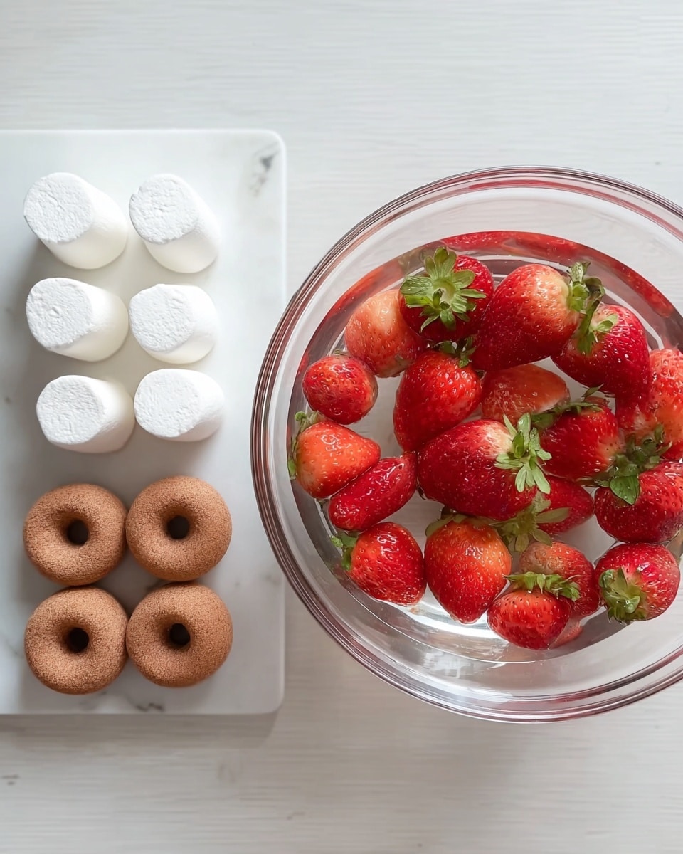 The image shows a white marbled surface with a clear glass bowl on the right side filled with bright red strawberries with green leaves, all soaking in water. On the left side of the surface, there are two neat rows of small food items: the top row has six smooth, white, round marshmallow-like pieces, and the bottom row has six light brown mini donut-shaped cakes with a slightly rough texture. The overall look is clean and bright with simple colors and smooth textures. photo taken with an iphone --ar 4:5 --v 7