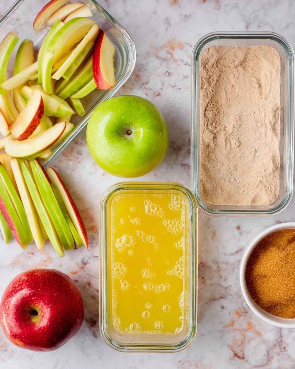 The image shows peeled and cut apples on a white marbled surface, with one green apple fully peeled in a spiral shape next to a green apple and a red apple. To the right, two rectangular glass containers sit side by side; the top one contains a light brown powder mix, and the bottom one holds a yellow liquid mixture with some bubbles on top. Around the apples are apple peel spirals of green and red colors, and part of a clear container is visible spilling apple slices on the left side. A small white bowl with brown sugar is partially visible on the far right. photo taken with an iphone --ar 4:5 --v 7