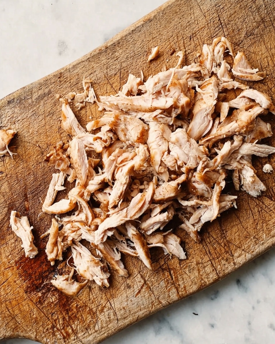 The image shows shredded cooked chicken pieces spread over a rustic wooden cutting board. The chicken pieces vary in size and are mostly light brown with some darker browned edges, showing a slightly moist texture. The cutting board has a worn look with visible grain and knife marks, and it rests on a white marbled surface. Photo taken with an iphone --ar 4:5 --v 7