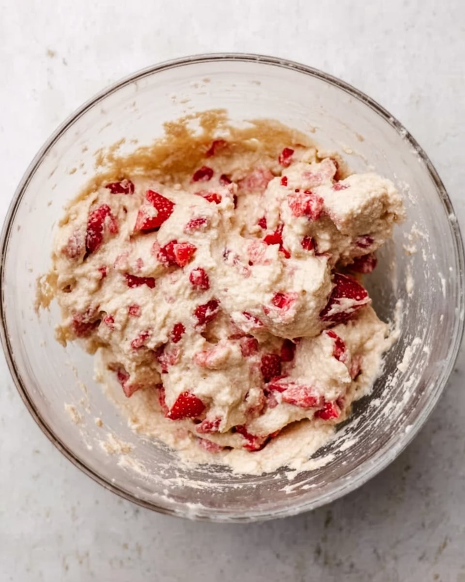 A clear glass bowl holds a thick, creamy batter mixed with small red strawberry pieces evenly spread throughout. The batter is light beige with a slightly rough texture, and the brightly colored strawberry chunks create a fresh contrast. The bowl sits on a white marbled surface. Photo taken with an iphone --ar 4:5 --v 7