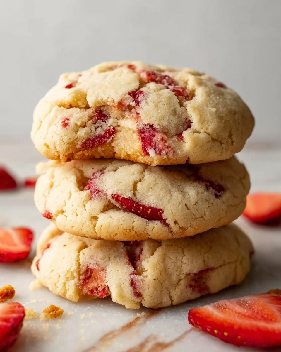 The image shows a stack of three thick, soft cookies with a light golden-brown color and visible red strawberry pieces inside. The cookies have a fluffy texture with small cracks on the surface, and the strawberry pieces add bright red spots throughout each cookie. The stack sits on a white marbled surface with some small crumbs and sliced strawberries scattered around. photo taken with an iphone --ar 4:5 --v 7