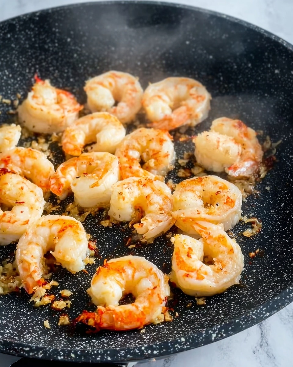 The image shows a close-up of several shrimp cooking in a dark speckled frying pan. The shrimp are light pink with hints of orange on some edges, and they have a slightly curled shape. There are small bits of browned garlic or seasoning scattered around the shrimp in the pan. Steam rises from the shrimp, giving the sense they are hot and freshly cooked. The background is a white marbled surface. Photo taken with an iphone --ar 4:5 --v 7