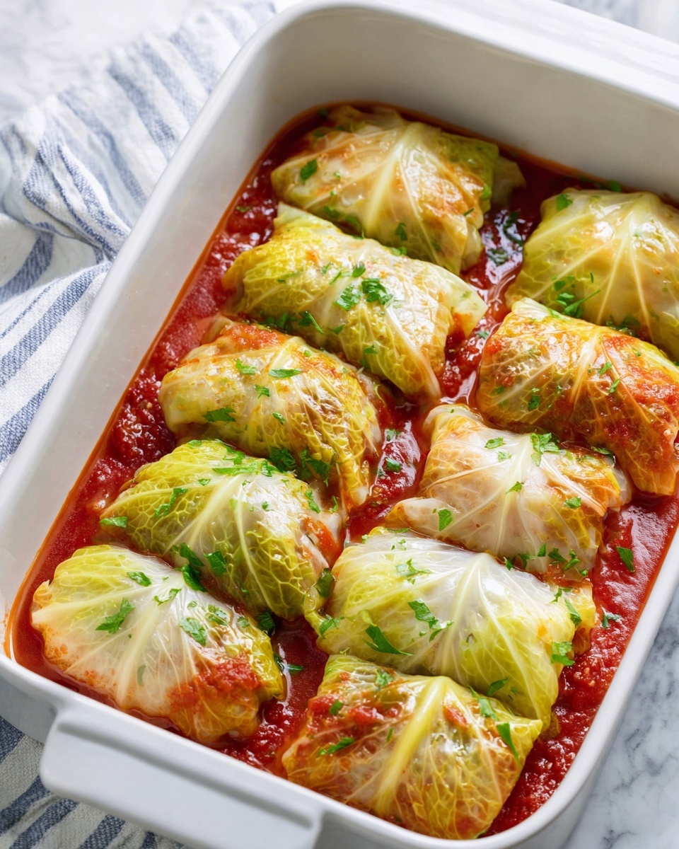 A white baking dish holds two rows of stuffed cabbage rolls, each roll covered in translucent cabbage leaves with a light yellow and green tint. The rolls rest in a thick, bright red tomato sauce that fills the bottom of the dish. The cabbage leaves have slight browning on the edges, showing they are baked, and the rolls are sprinkled with small bits of fresh green herbs. The dish is set on a white marbled surface with a soft cloth featuring blue and white stripes nearby. Photo taken with an iphone --ar 4:5 --v 7