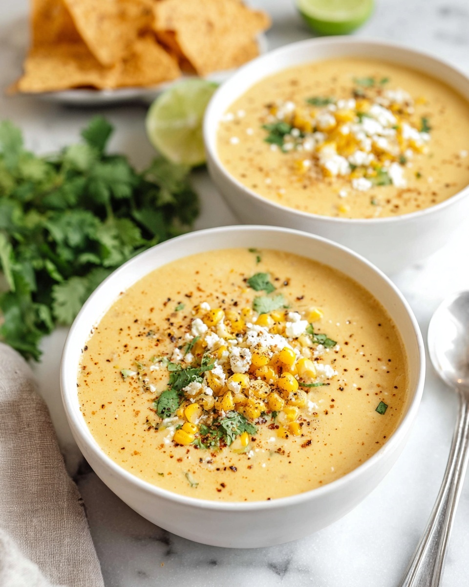 The image shows a white bowl filled with thick creamy yellow soup as the base layer. On top, there is a hearty layer of golden roasted corn kernels that have slight brown char marks, adding texture. Scattered over the corn is a sprinkling of white crumbled cheese, creating small soft clumps. Bright green cilantro leaves are spread evenly, adding fresh color. Tiny black specks of ground pepper are also visible, lightly dusted over the whole surface. The bowl sits on a white marbled surface, enhancing the clean and fresh look of the dish. Photo taken with an iphone --ar 4:5 --v 7