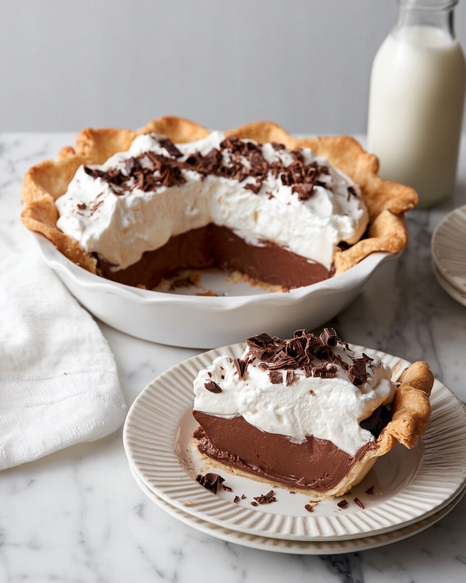 A white pie dish holds a pie with three visible layers: a thick, golden-brown flaky crust at the bottom and edges, a smooth, rich dark brown chocolate filling in the middle, and a thick, white whipped cream layer on top, sprinkled with dark chocolate curls. Next to the pie dish, on a white plate with ridged edges, sits a slice showing all three layers clearly. In the foreground, a close-up of another slice on a similar white plate shows the rich chocolate and fluffy whipped cream topped with more chocolate curls. A small clear glass bottle of light-colored milk stands behind the pie, all set on a white marbled surface. photo taken with an iphone --ar 4:5 --v 7