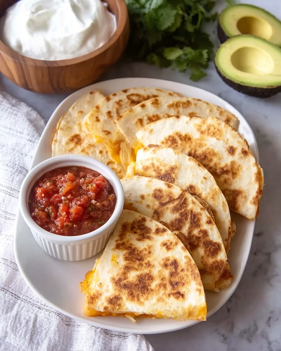 A white oval plate holds six folded quesadillas with a browned, toasted texture on their surfaces, arranged in a neat fan shape covering the plate. The quesadillas are slightly open, showing melted yellow cheese inside. In the front left of the plate, there is a small white cup filled with chunky red salsa, which has a coarse texture and visible tomato pieces. Behind the plate sits a wooden bowl of smooth white sour cream, with some green leafy cilantro nearby. To the right of the bowl, two avocado halves with pale green and creamy textures sit on a white cloth. The whole setup is on a white marbled textured surface. photo taken with an iphone --ar 4:5 --v 7